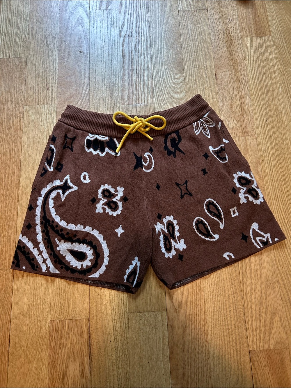 MNML Brown Paisley Knit Athletic Shorts with Yellow Drawstring